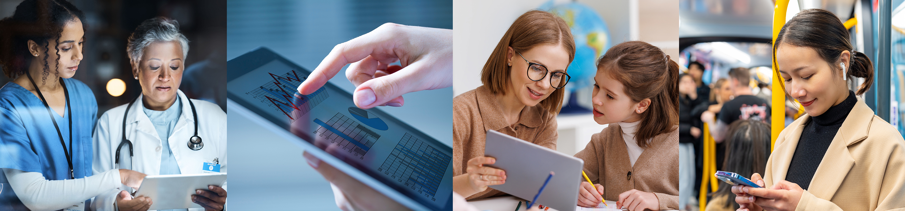 Diverse people interacting with digital products